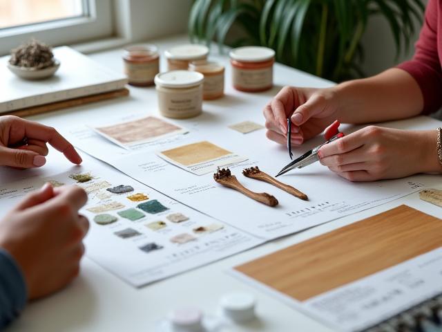 環境に優しい画材のサンプルが並べられたワークショップのテーブル