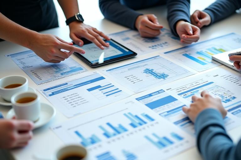 プロジェクト管理の打ち合わせ風景、図面や資料が広がるテーブル