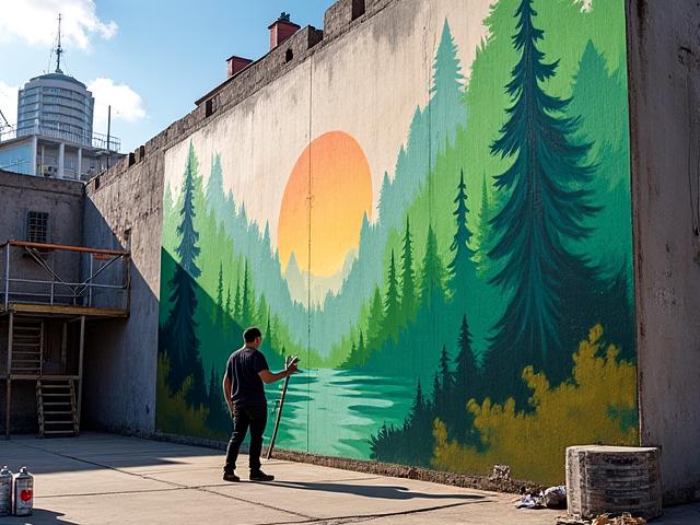 鮮やかなストリートアート壁画の制作風景